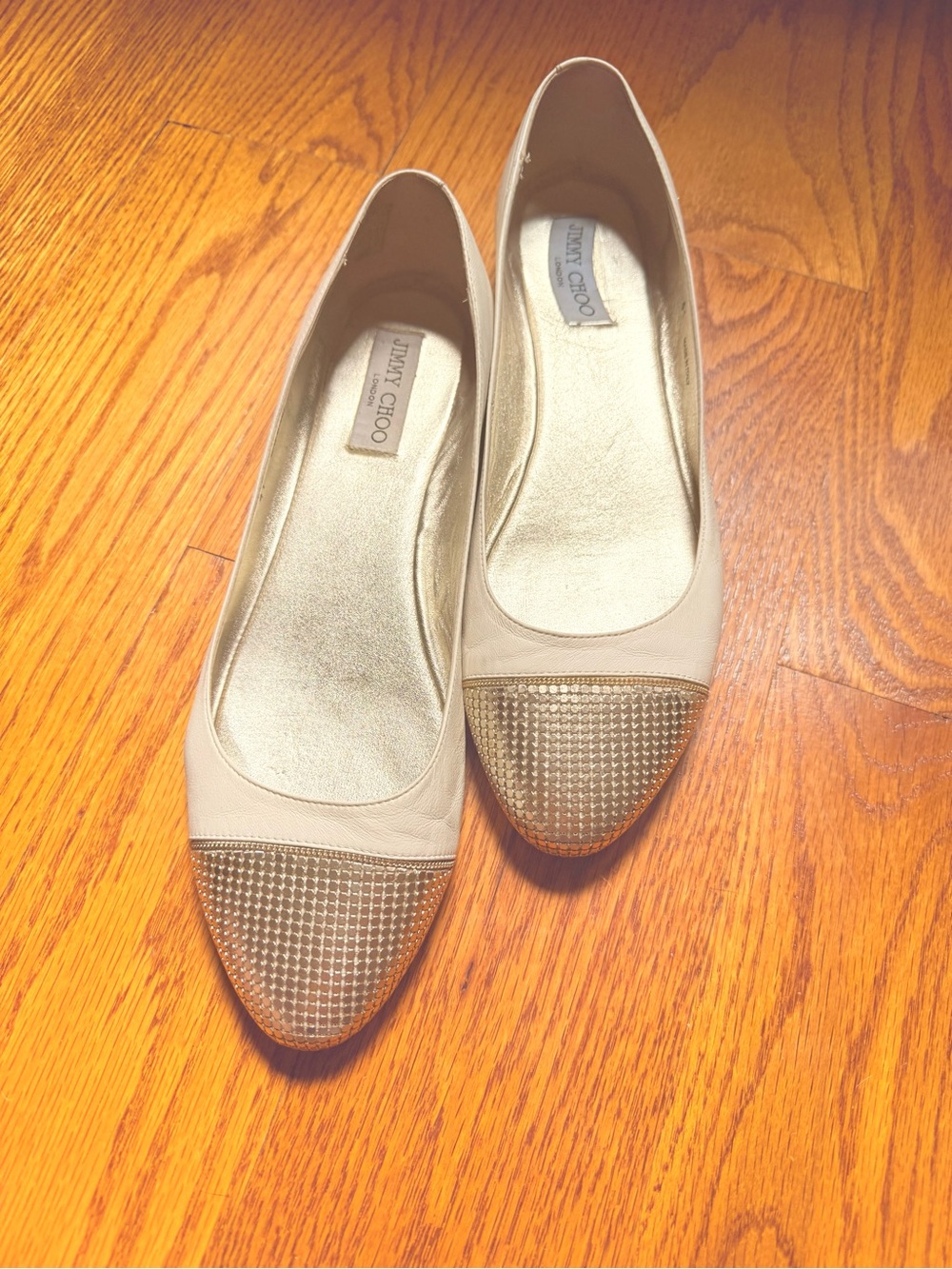 Jimmy Choo Women's Metallic Gold Toe Cap Cream Leather Ballet Flats Size 41